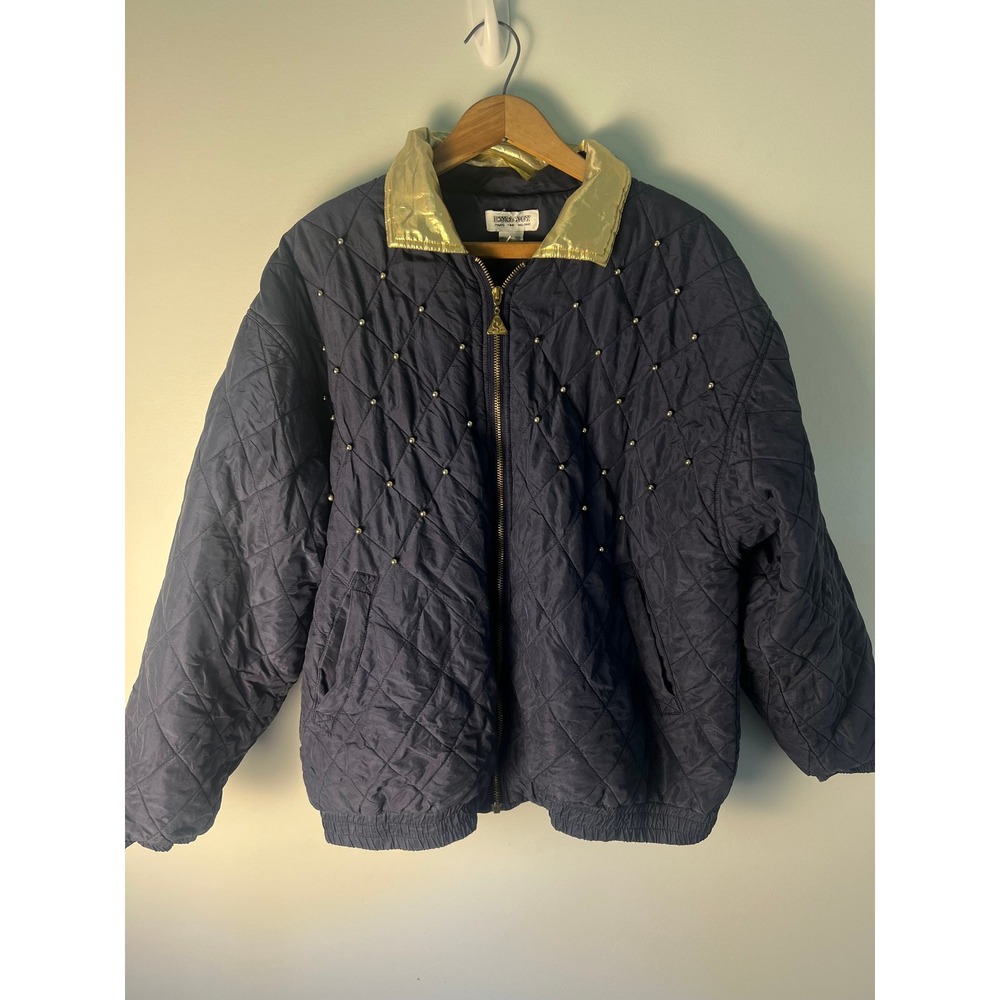 VTG Euro Joy Quilted Silk Bomber Jacket Wm M Navy Blue Gold Studded
